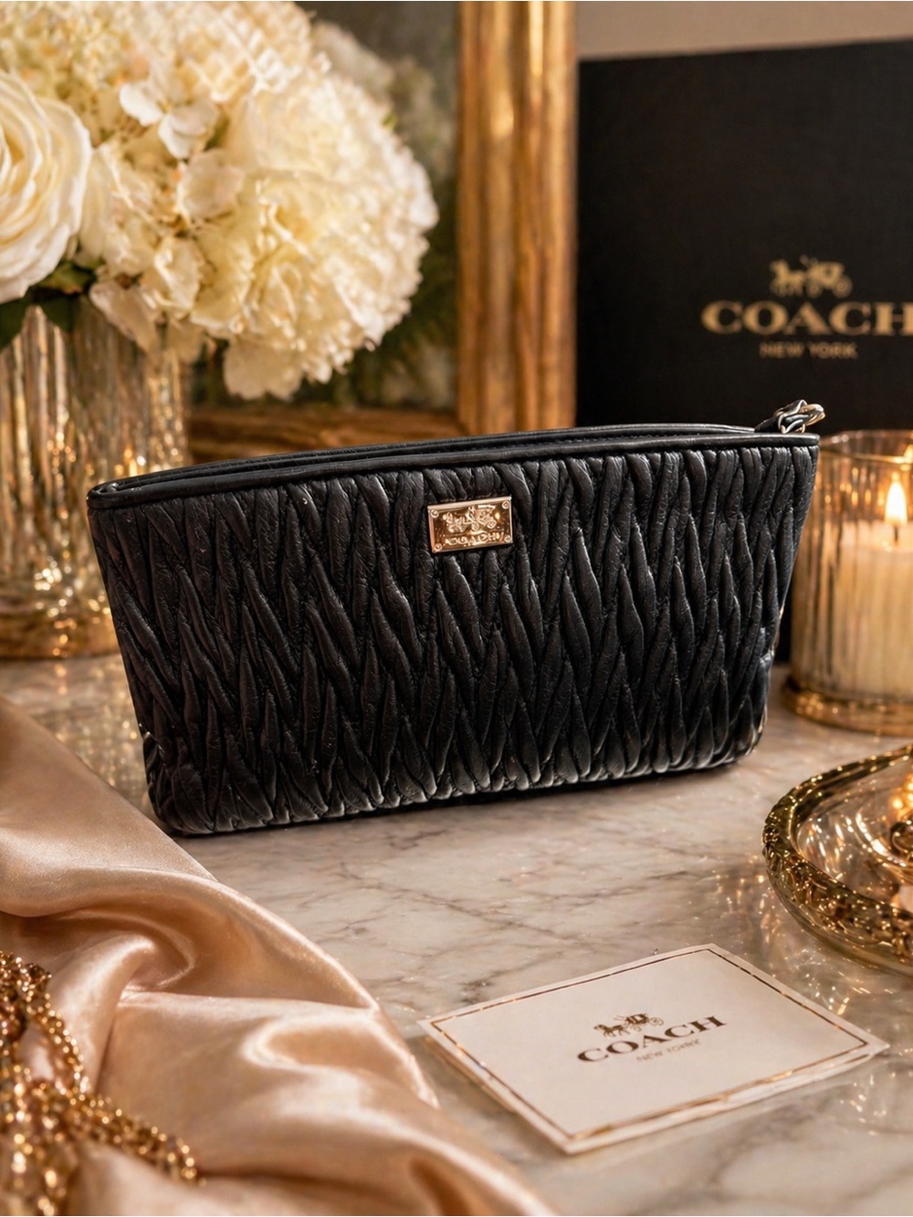 Coach Black Gathered Leather Wristlet Clutch | Gold Hardware | Elegant & Chic.